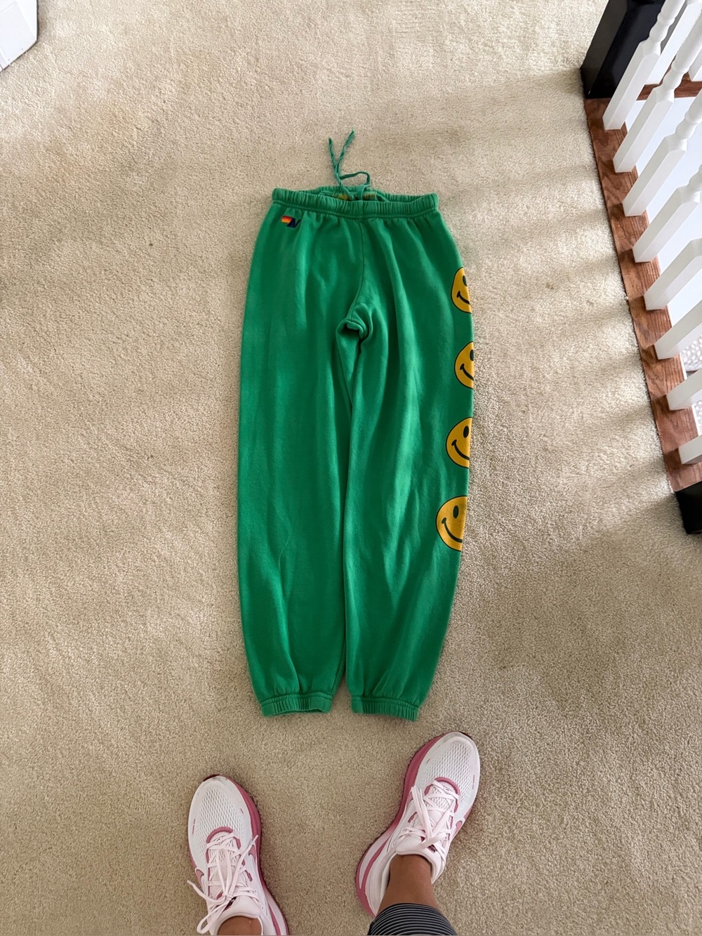 Green Aviator Nation Sweatpants with Yellow Smiley Faces